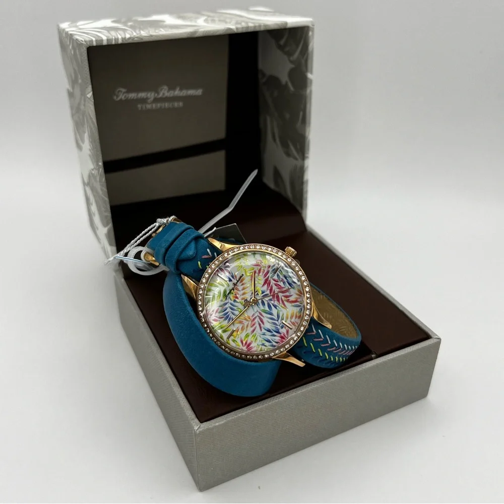 SALE 🔥 Tommy Bahama Swarovski Rose Gold Floral Double Wrap Watch